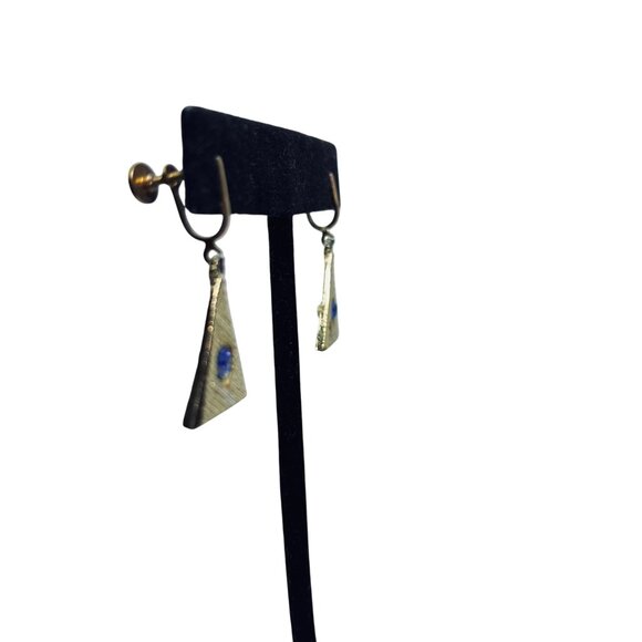 Textured Gold Tone Leaf Brooch & Earrings Set W/ Cobalt Blue Rhinestones (5752) - Picture 11 of 12